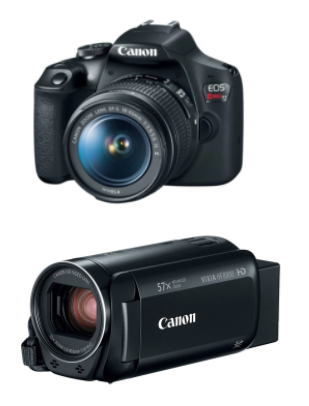 DSLR camera above a digital video camera, both black in color.
