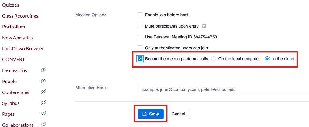 set automatic record settings, save in Zoom Pro
