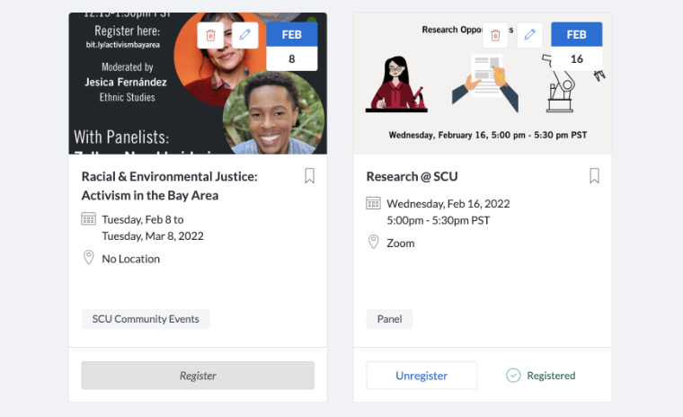 Screenshot with BE Blog content and event calendar details for February and March 2022.