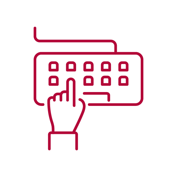 Alt text: Red icon of a hand pointing at a keyboard.