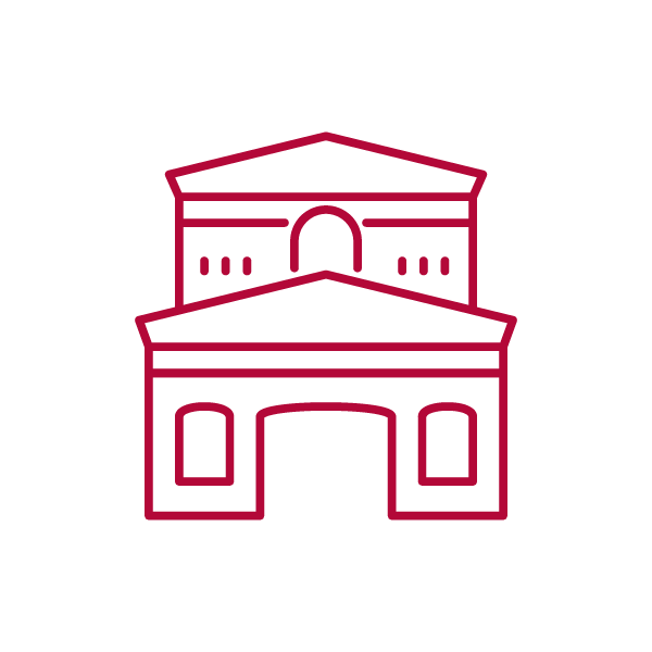 Red outline of a house icon with a central entrance.