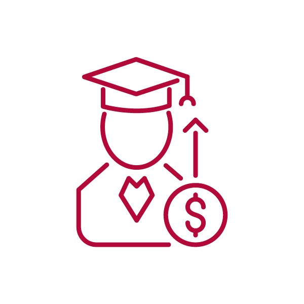 Icon of a graduate with a dollar sign and an upward arrow.