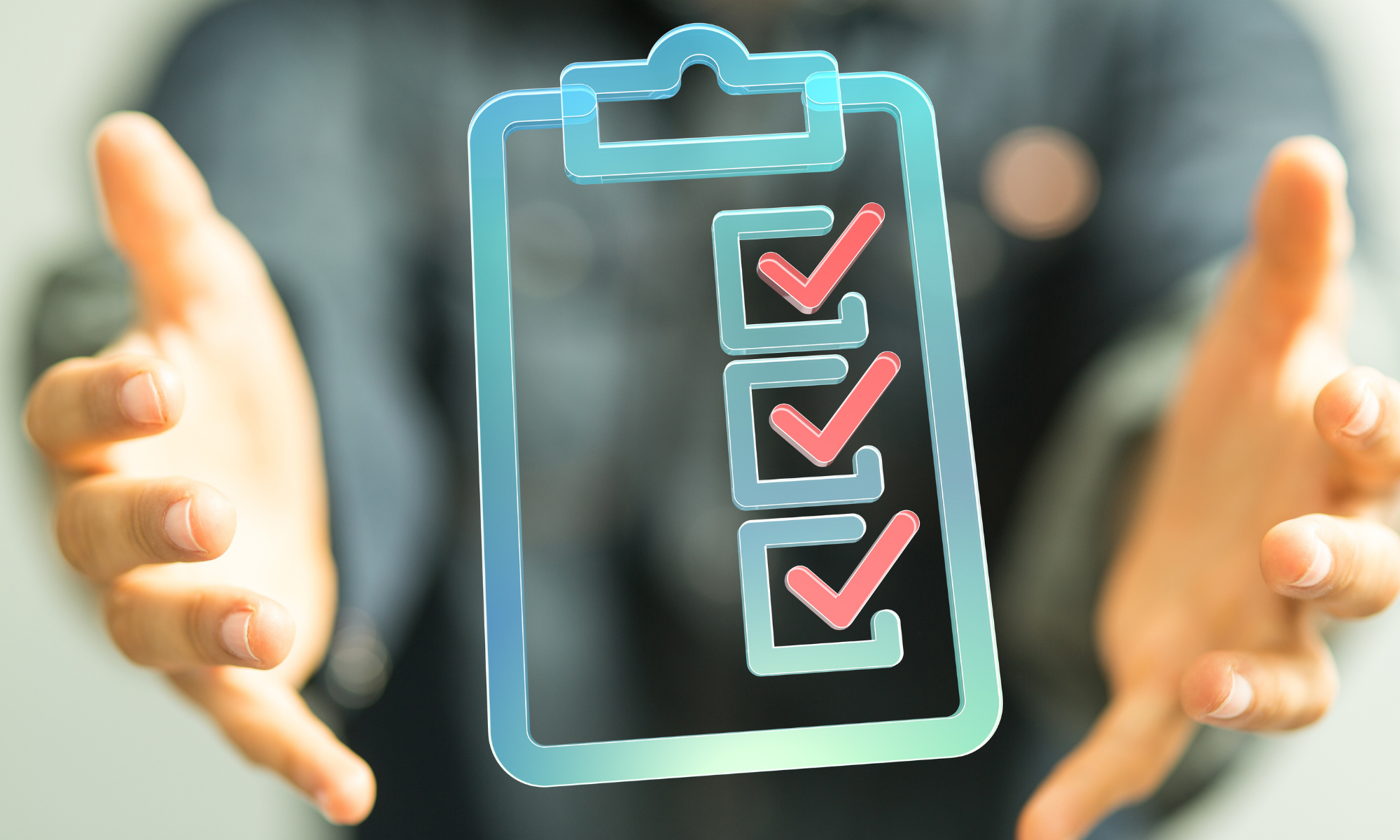 A person holding a holographic checklist with checkmarks.