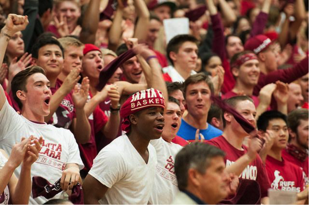 Crowd of enthusiastic sports fans wearing school spirit attire and cheering.