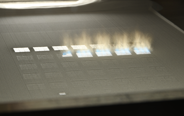 Powder Bed Fusion or Area Printing prints one tile next to the other. Over 2.3M pixels are used to define the shape of each tile.