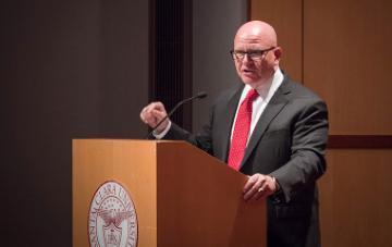 Retired U.S. Army General H.R. McMaster urges cadets to uphold values of duty and honor at SCU's 2019 Commissioning Ceremony on June 13. Photo by Chuck Barry.