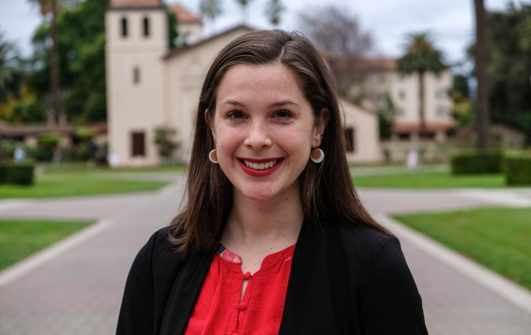 Abby Alvarez in front of Mission Church image link to story