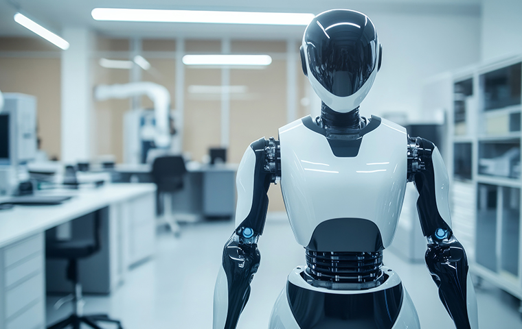 Humanoid robot standing in white room