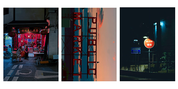 A set of three digital photographs: an East Asian shop stall at night with red decor and people sitting out front; a neon red 