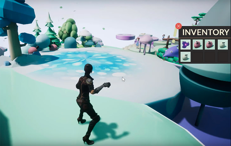 A behind, third person view of a video game character running thru an environment