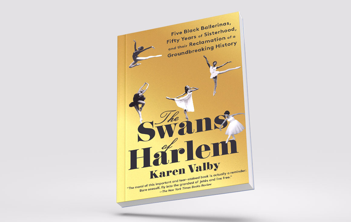 Swans of Harlem book tilted on its end over gray backdrop