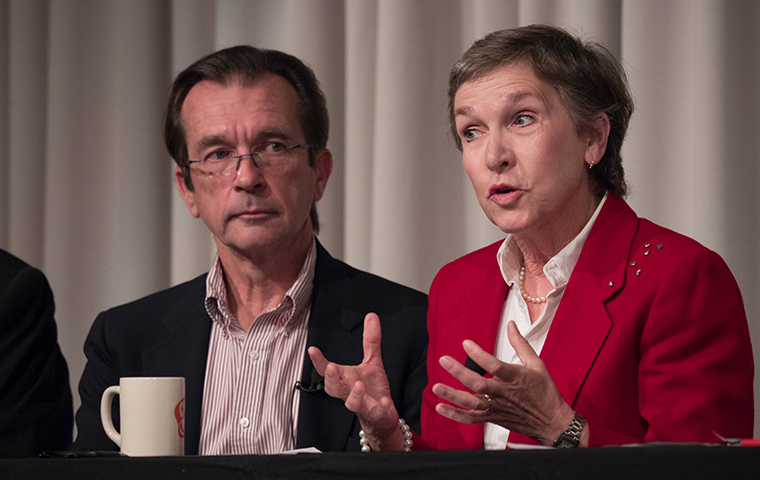 Tom Plante and Sally Vance Trembath speak on a panel