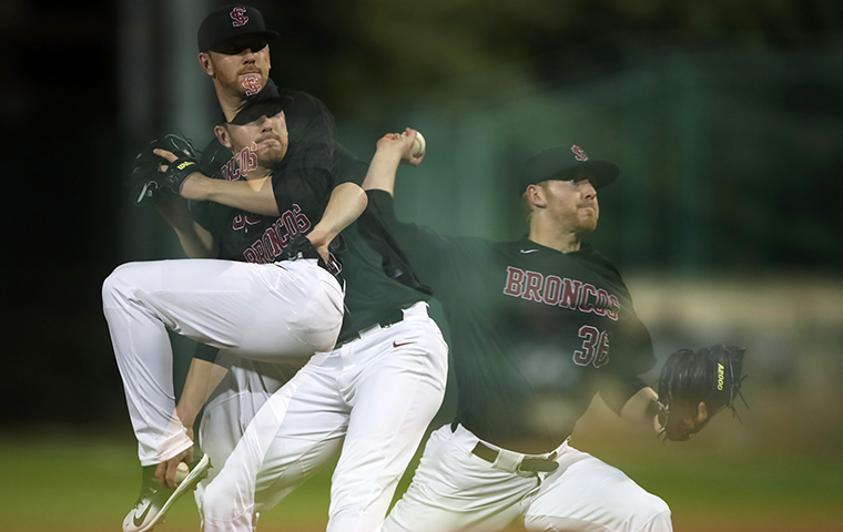 A three-part photo showing Steve Wilson's pitching motion