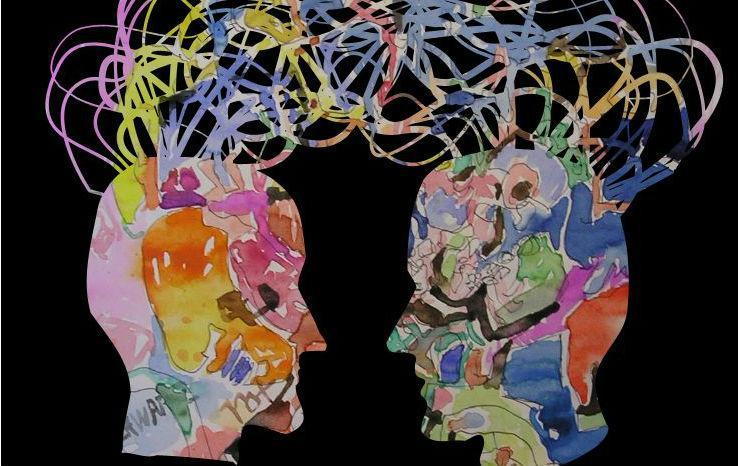 Illustration of two heads with watercolor design