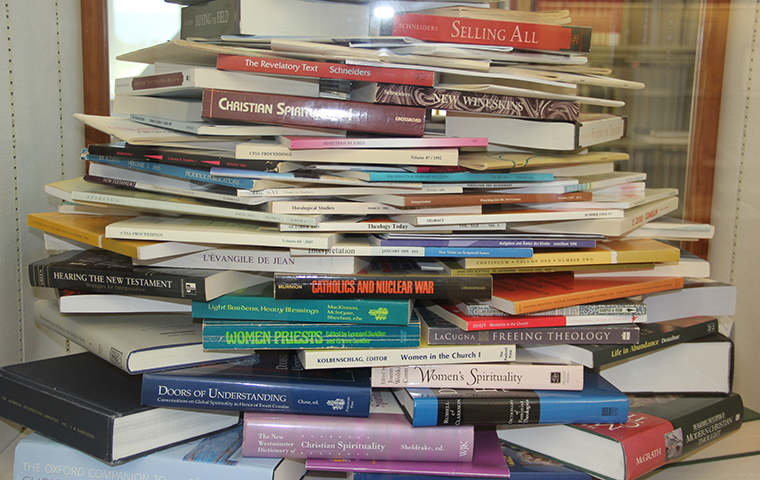 A large stack of books titled 'Sandra Schneiders'.