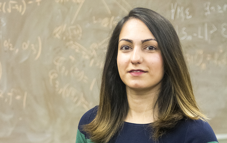 Shiva Houshmand stands in front of a chalk board
