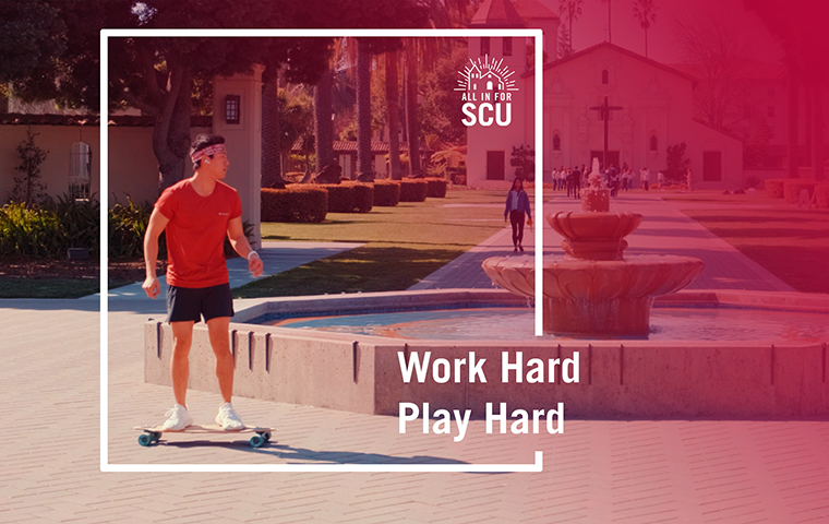 Student skateboarding across campus