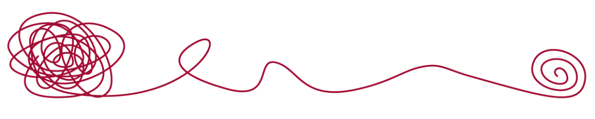A red thread representing thoughts shows one end all tangled and the other end untangled in a organized loop