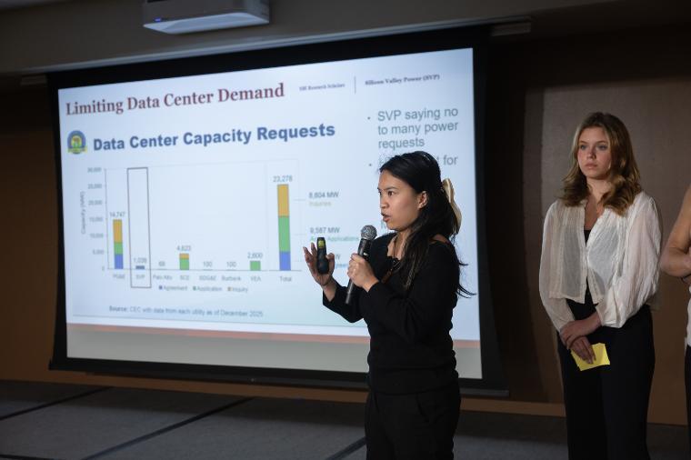 Student presenting infront of slide presentation