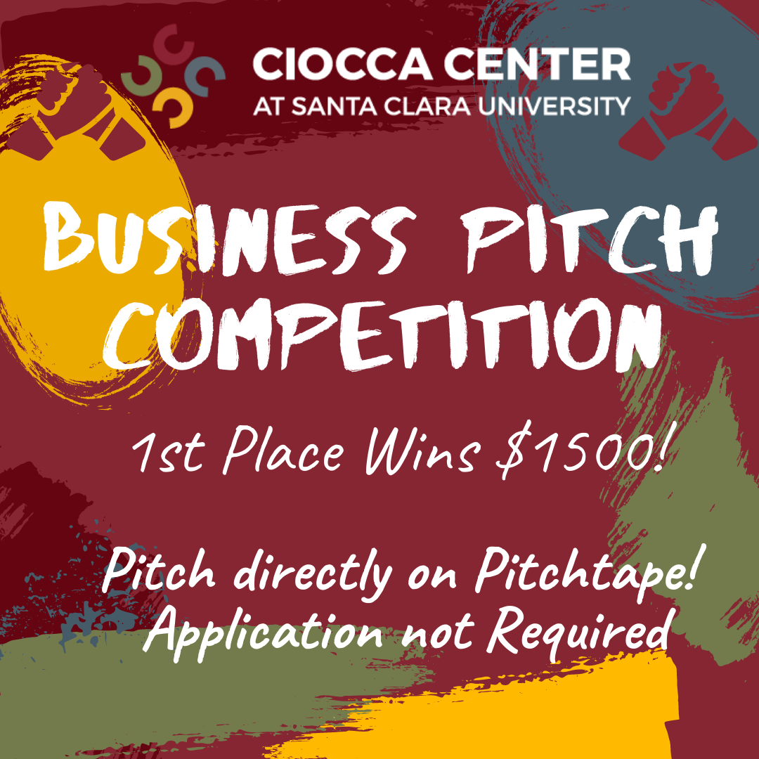 "CROCKA CENTER" in stylized text at the top with the tagline "BE BOLD. MAKE A DIFFERENCE."

Brightly colored splashes of paint in the background.

Text on the image:
"BUSINESS PITCH COMPETITION
1st Place Wins $1,500!
Pitch directly on Pitchboard.
Applicat