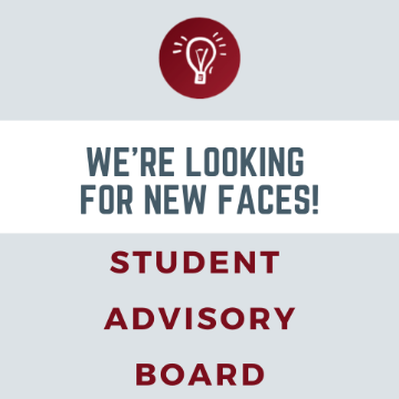"We're Looking for New Faces! Student Advisory Board" text with a lightbulb icon above.