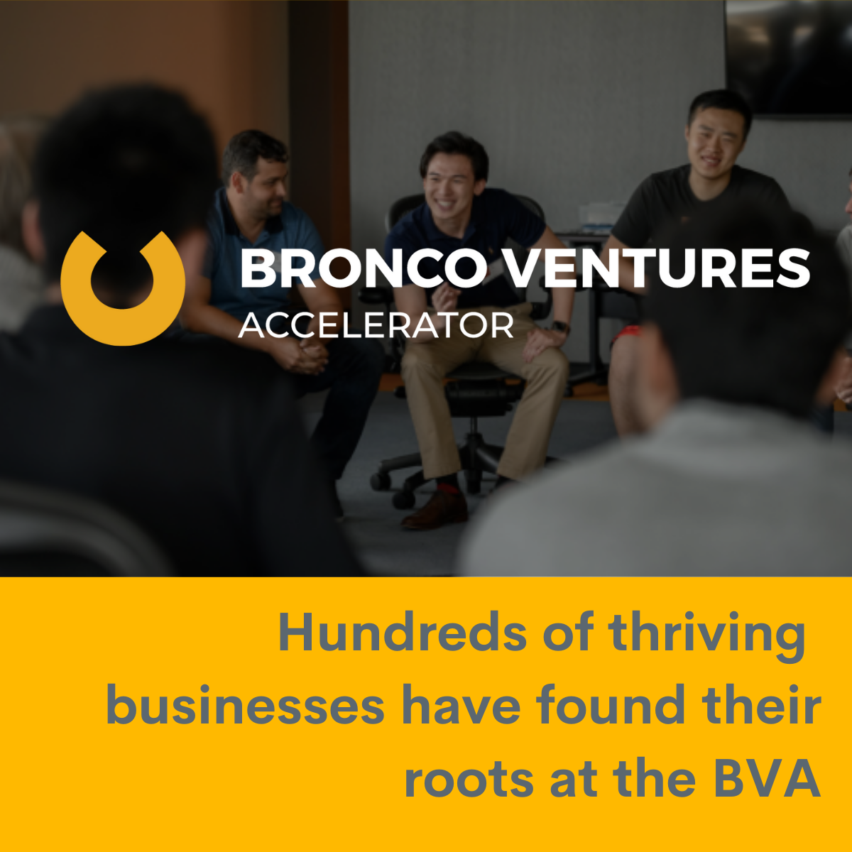 Alt text: "Group discussion at Bronco Ventures Accelerator with text: Hundreds of thriving businesses have found their roots at the BVA."