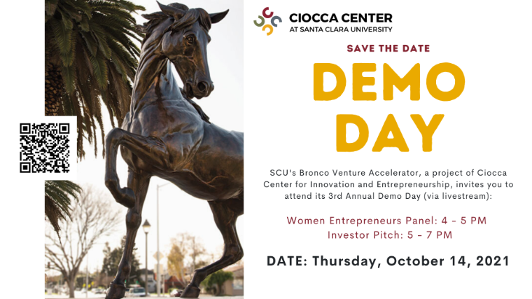 Alt text: Flyer for USC Viterbi Start-Up Garage's Demo Day on October 19, 2023, featuring a horse statue.