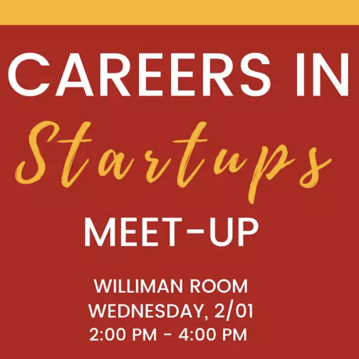 "Careers in Startups Meet-Up" text with date, time, and location on red background.
