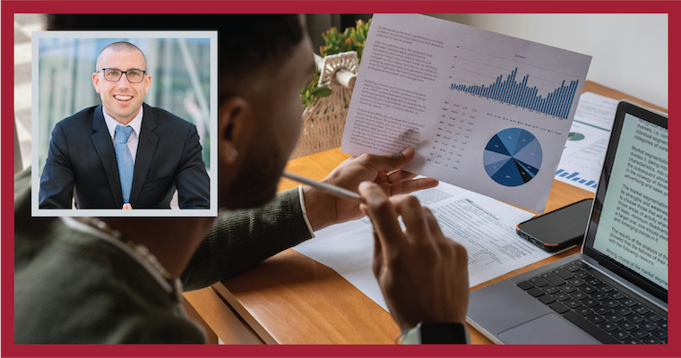 Matt Jude headshot over an image of business professional analyzing equity compensation data