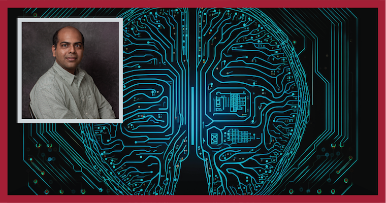 Leavey Professor Ram Bala over artificial intelligence brain graphic