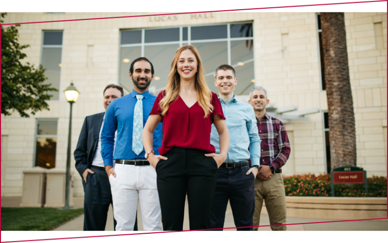 Leavey School of Business graduate students outside Lucas Hall