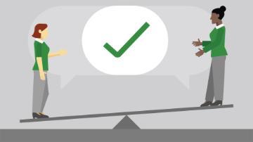 Two people balancing on a seesaw, with a checkmark in between them.