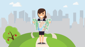 Illustration of a person holding a map, cityscape in background.