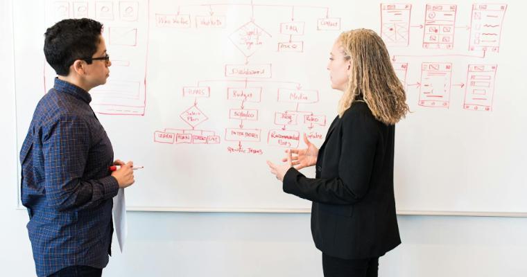 Professionals discussing user flow on a whiteboard image link to article
