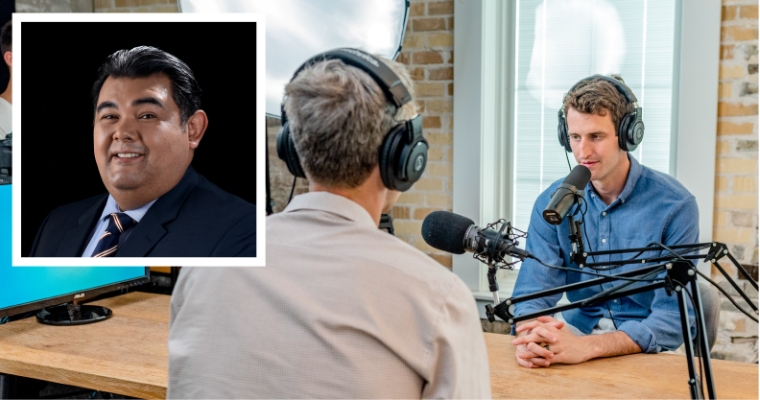 Headshot of Diego Barragan overlayed on interview photo