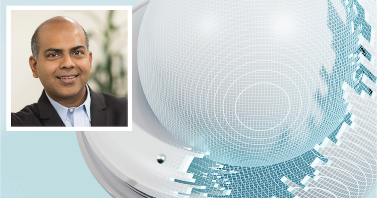 Leavey professor Ram Bala headshot over AI technology