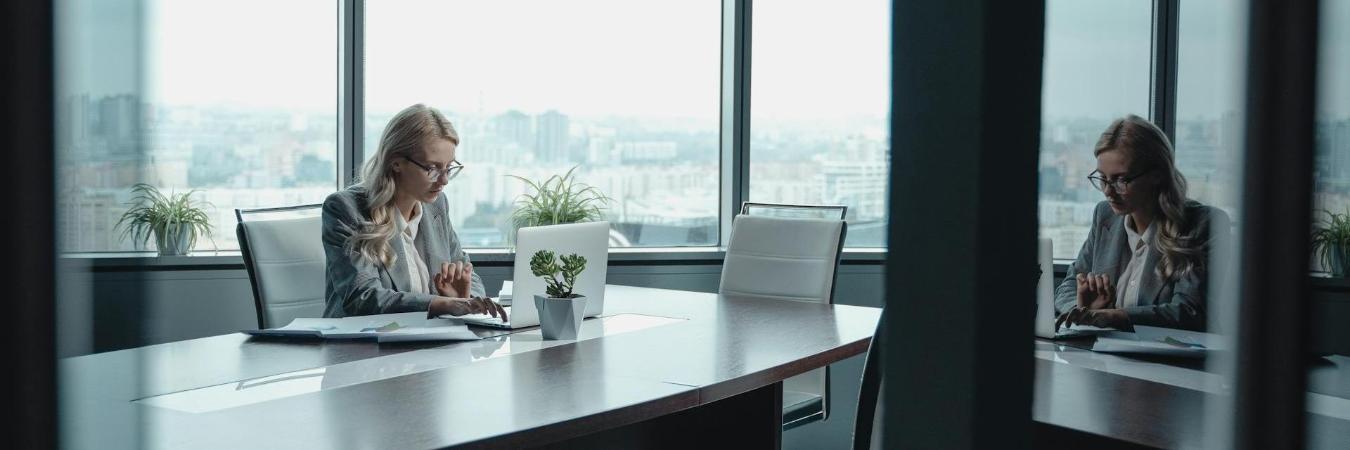 Business professional in a boardroom with lots of windows