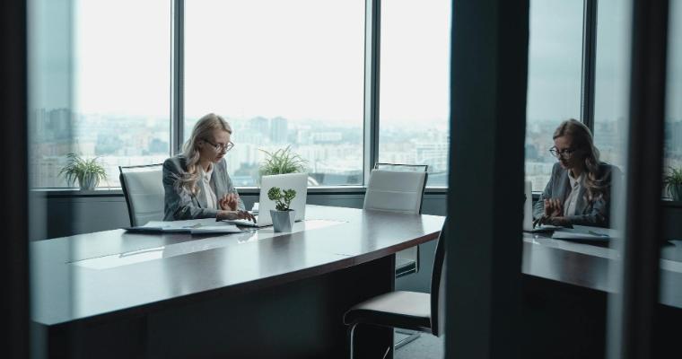 Business professional in a boardroom with lots of windows