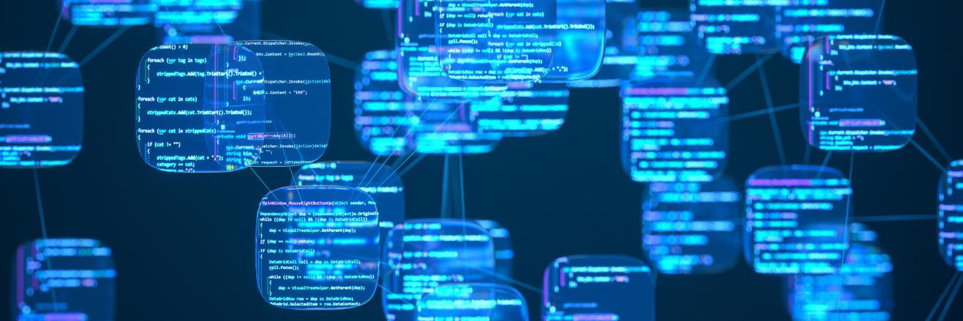 A network of intelligent nodes representing autonomous AI agents processing and writing programming code. Illustrates concepts like AI-assisted development, machine learning models, and generative AI tools.