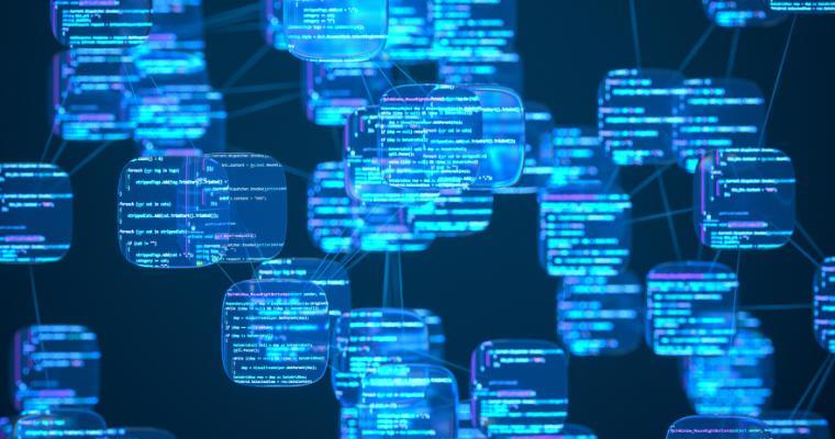 A network of intelligent nodes representing autonomous AI agents processing and writing programming code. Illustrates concepts like AI-assisted development, machine learning models, and generative AI tools.