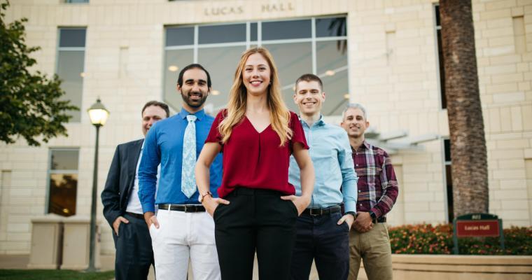 Leavey MBA candidates outside Lucas Hall