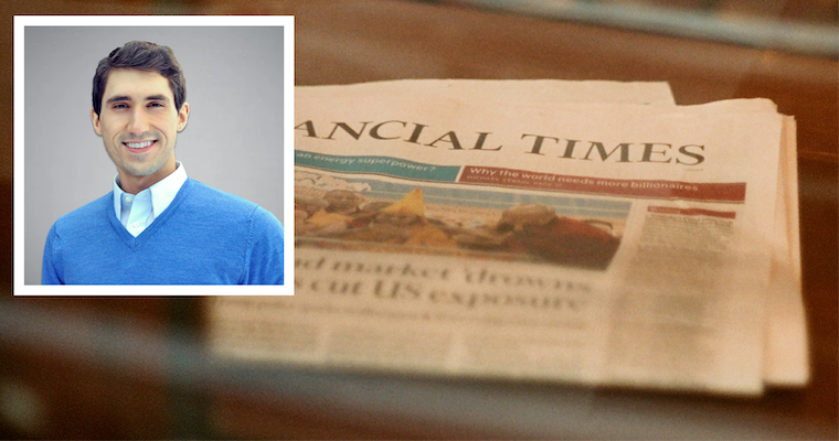 Leavey finance professor Alexander Zentefis headshot over a newspaper financial section