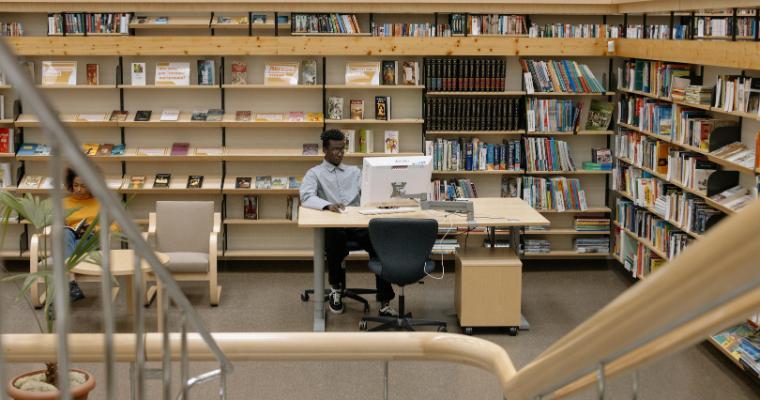 A serene library setting with a man studying and bookshelves filled with diverse literature image link to article