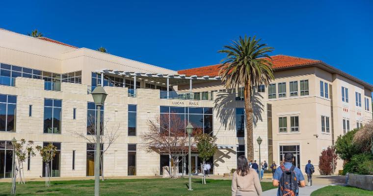 Graduate students walking into Lucas Hall, home of Santa Clara's Leavey School of Business image link to article