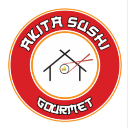 Akita Gourmet text with a red double circle on a marble background.