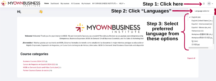 Screenshot showing how to choose a language in your MOBI profile