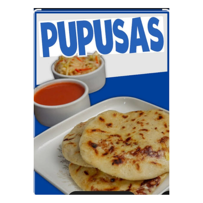 A photo of pupusas next to sauce containers. The word 