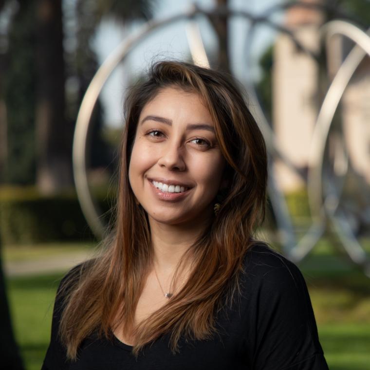 Samantha Prasad in front of the Santa Clara Mission