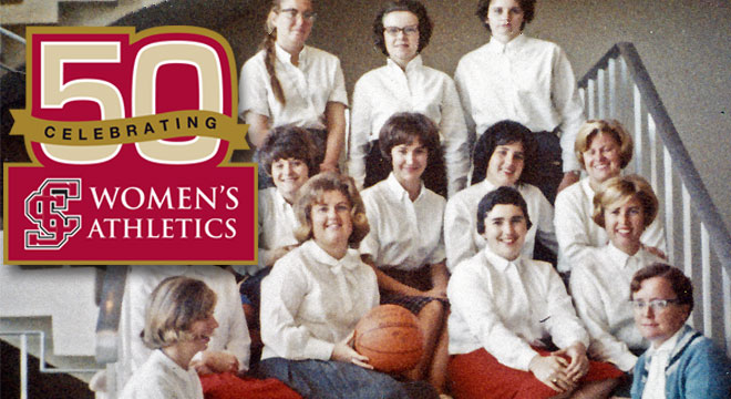 Group of women celebrating 50 years of women's athletics. 