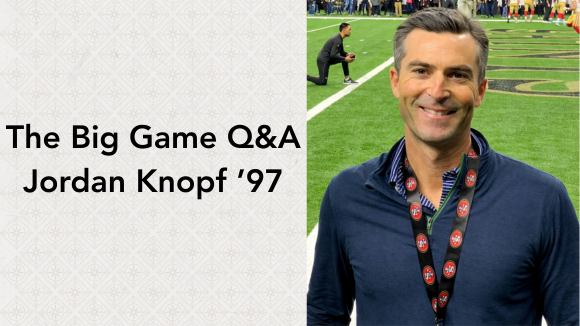 A smiling man wearing a San Francisco Giants lanyard and standing in front of a football field. Text to one side reads 